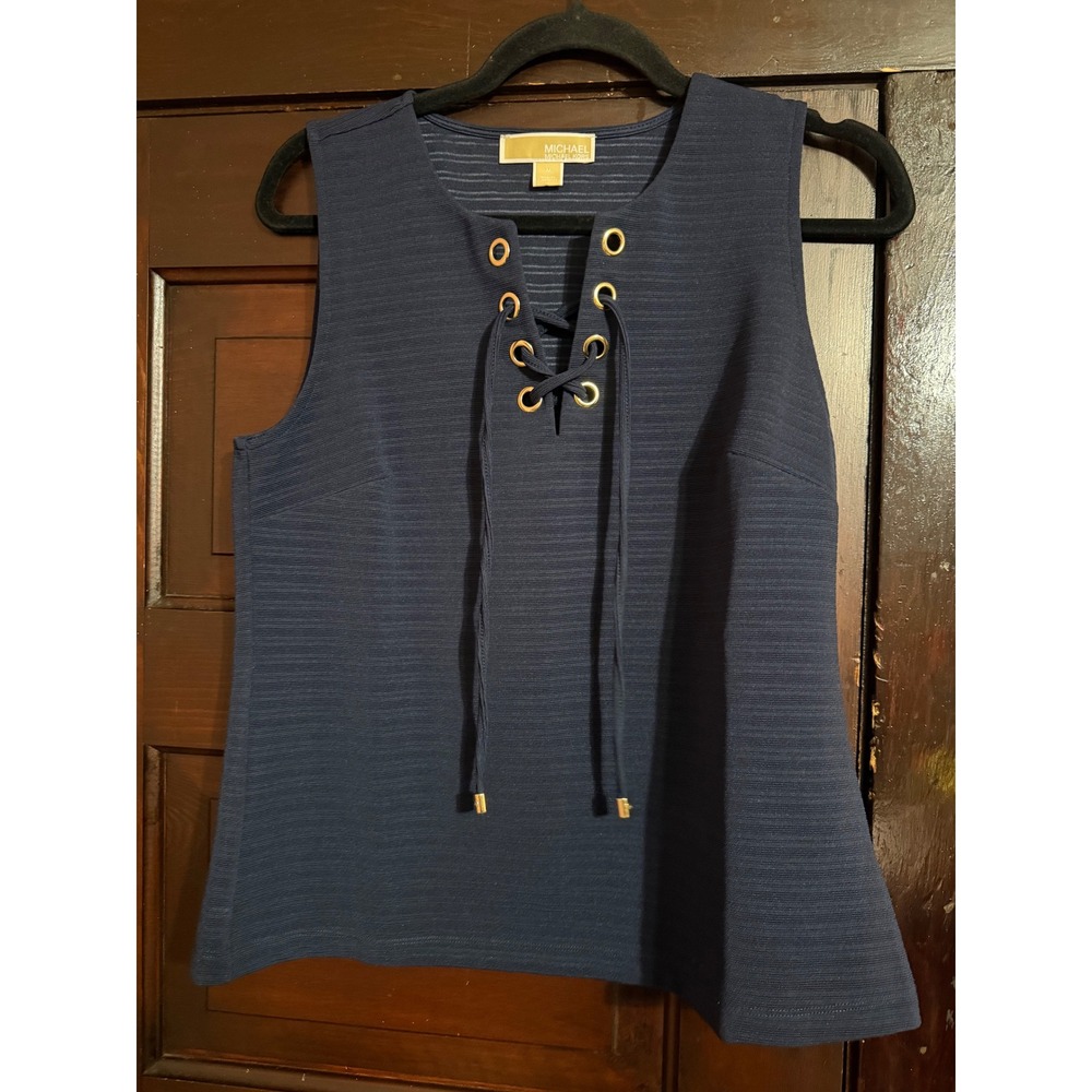 Michael Michael Kors Navy Blue Lace Up Grommet Ottoman Ribbed Sleeveless Top M